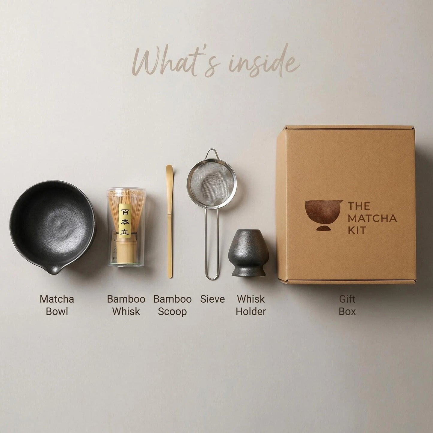 The Matcha Kit in Midnight Black: Minimalist matte black ceramic matcha bowl and whisk stand set for traditional Japanese tea preparation.