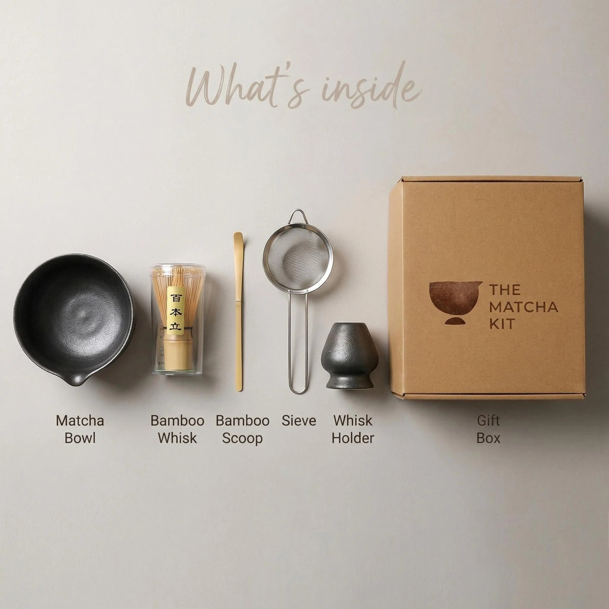 The Matcha Kit in Midnight Black: Minimalist matte black ceramic matcha bowl and whisk stand set for traditional Japanese tea preparation.