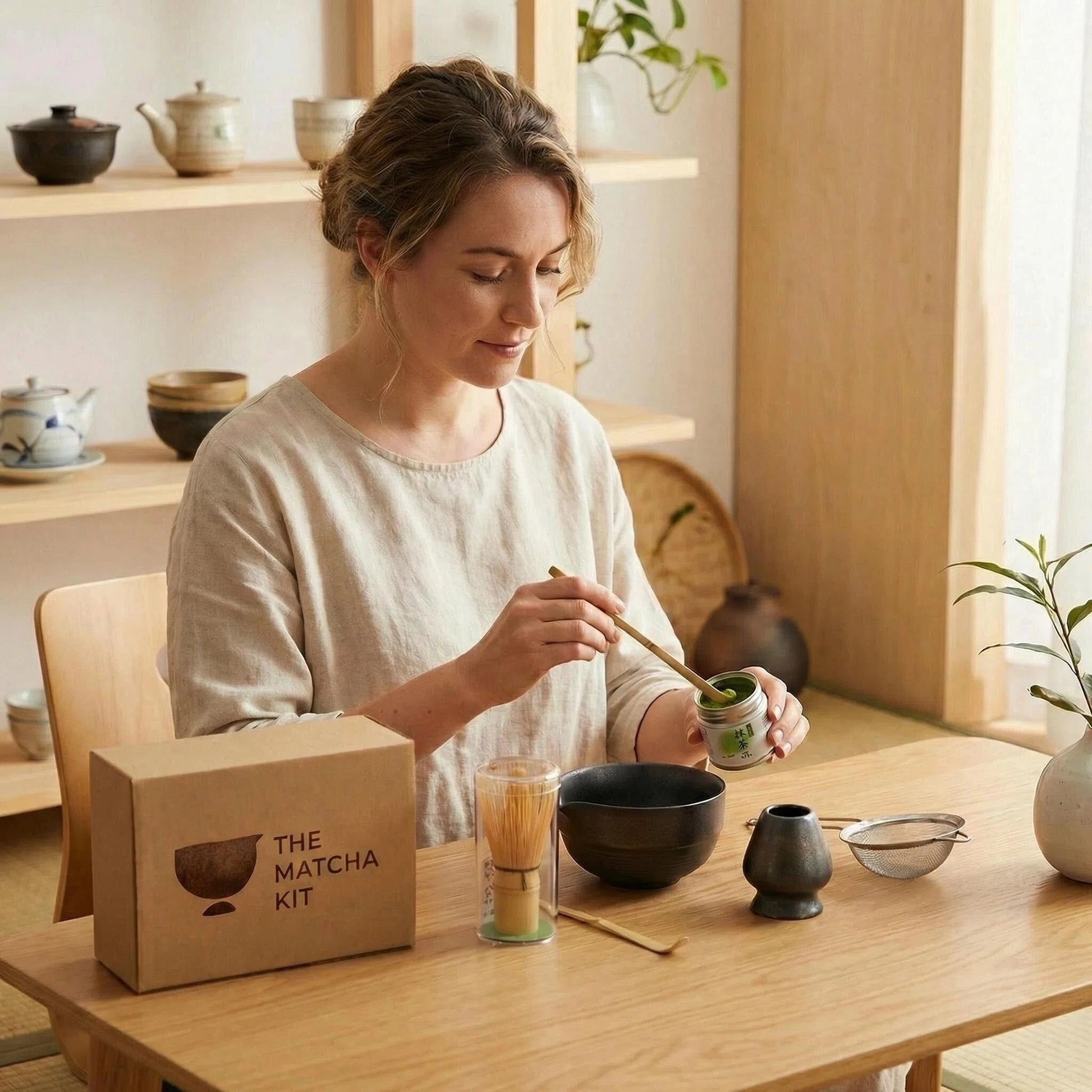 Woman preparing matcha tea in a cozy room with wooden furniture and plants.